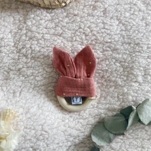 Anneau de Dentition - Gaze de coton Marsala à pois dorés