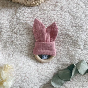 Anneau de Dentition - Gaze de coton Rose thé à pois dorés