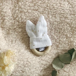 Anneau de Dentition - Gaze de coton Blanc à pois dorés