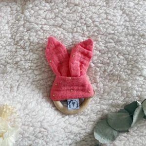 Anneau de Dentition - Gaze de coton Rose corail à pois dorés