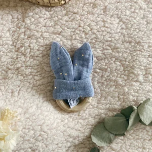 Anneau de Dentition - Gaze de coton Bleu jean à pois dorés
