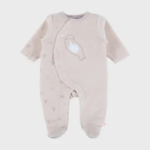 Pyjama bébé en velours écru avec broderie phoque