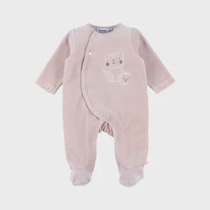 Pyjama bébé en velours rose avec broderie chat