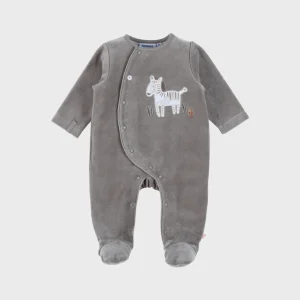 Pyjama bébé en velours kaki avec broderie zèbre