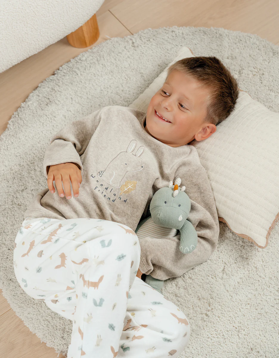 Pyjama 2 pièces en velours beige avec broderie lapin – Image 2