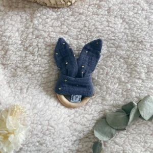 Anneau de Dentition - Gaze de coton Gris à pois dorés