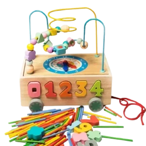 Boîte d&rsquo;activités en bois 5 en 1 : Voiture à tirer – Labyrinthe à perles – Horloge – Chiffre à encastrer – Bâtonnets en bois
