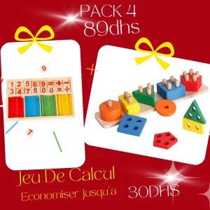 Pack 4 : Jeux de maths en bois : calcul à bâtons & tiges de formes géométriques