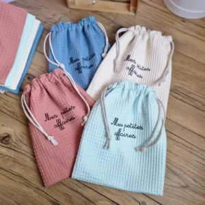 Sac pochon en tissu nid d'abeille, doublé, personnalisé avec inscription