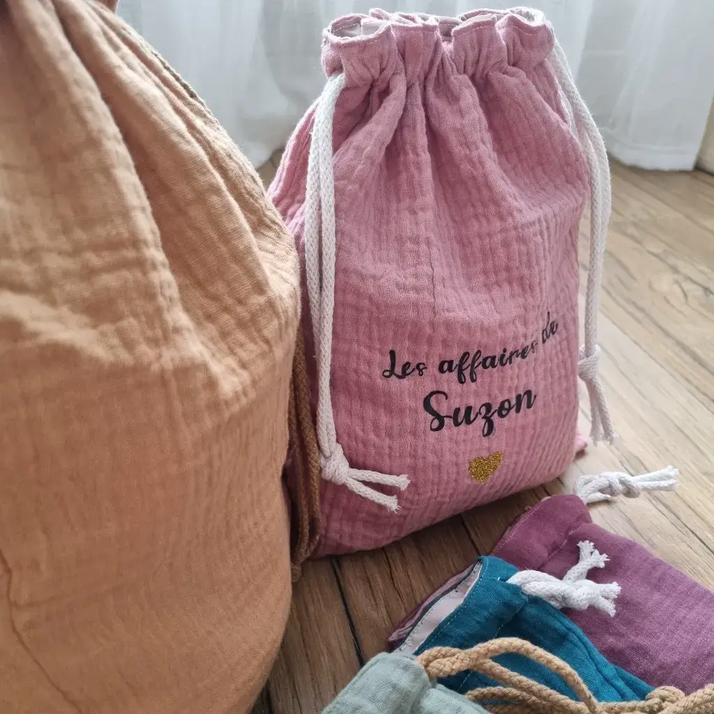 Sac pochon en tissu double gaze de coton personnalisé avec inscription – Image 2