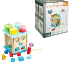 Jeu de formes en bois 4 en 1 : Encastrer – Empiler – Marteler – Enfiler