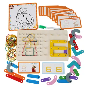 Géoboard Montessori 2 en 1 : chiffres et lettres Clous et Élastiques avec cartes modèle.