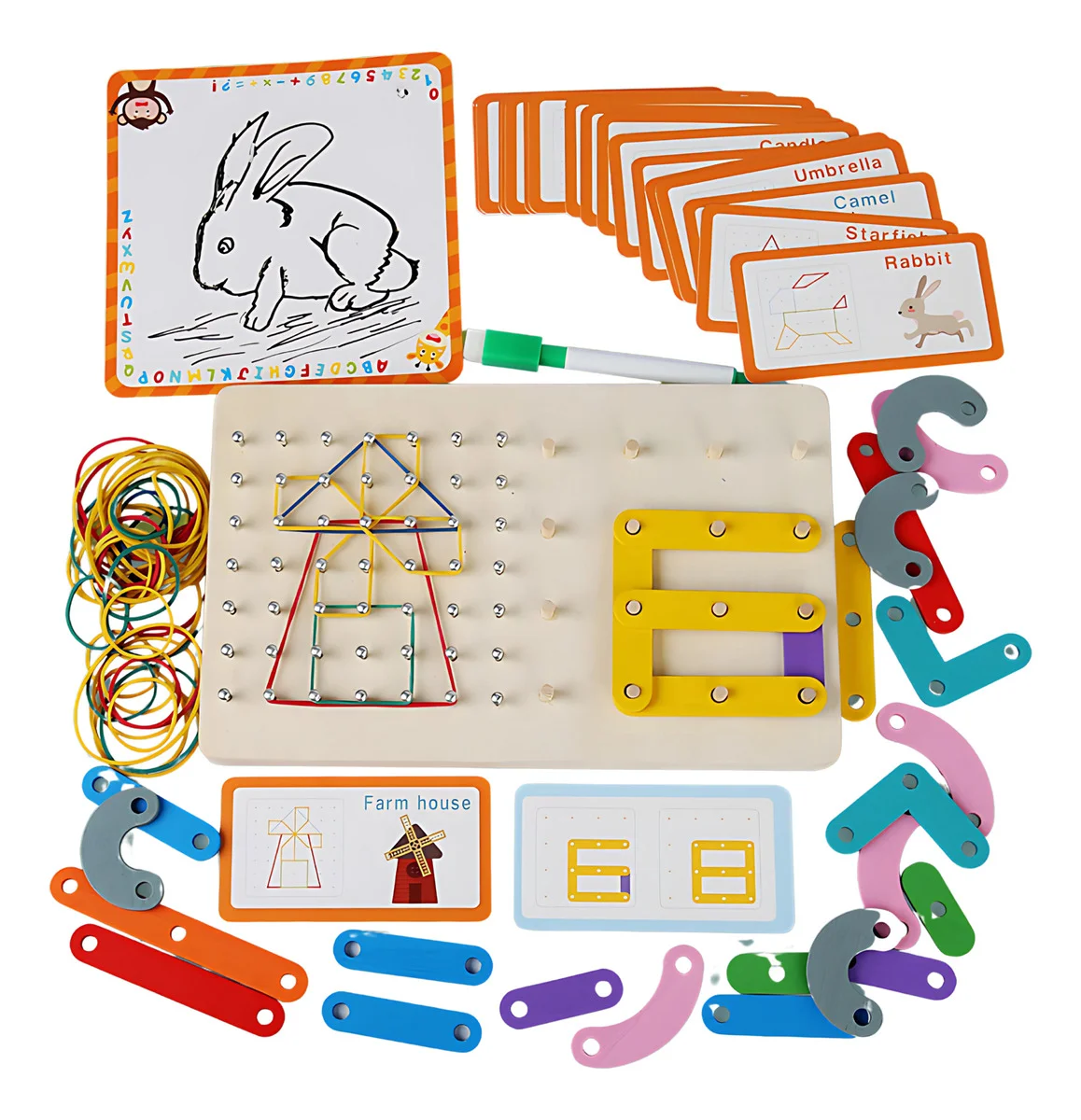 Géoboard Montessori 2 en 1 : chiffres et lettres Clous et Élastiques avec cartes modèle.