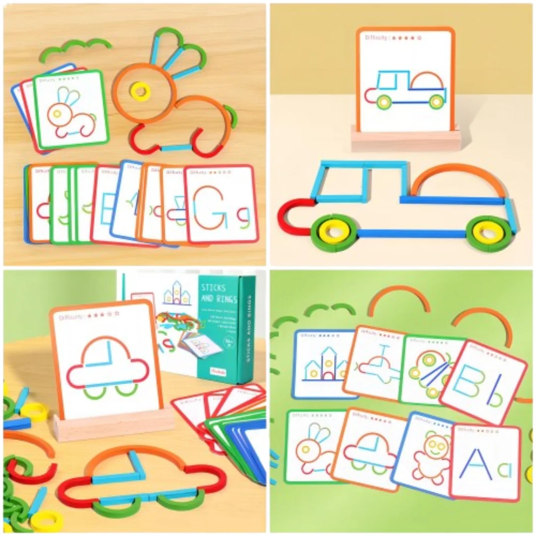 Bâtons et Anneaux en bois Montessori : lettres – animaux & formes géométriques