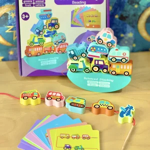 Balancier d’équilibre moyens de transport en bois Montessori et jeu d’enfilage.