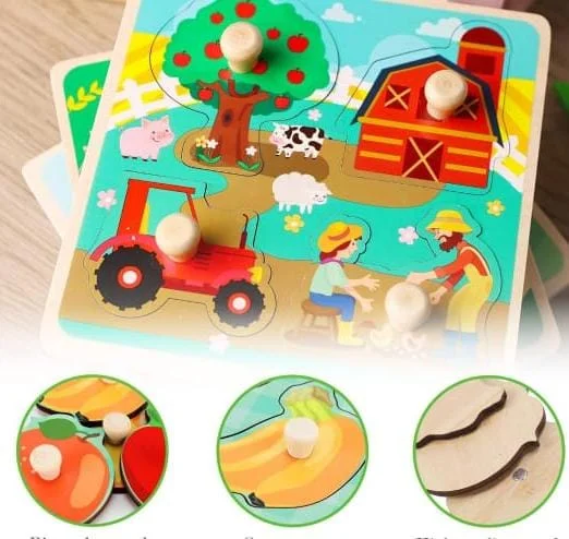 Puzzle à Boutons en Bois 4 la ferme pour Bébé 12 mois