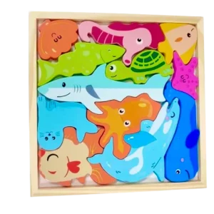 Méga Tangram des animaux marins en bois