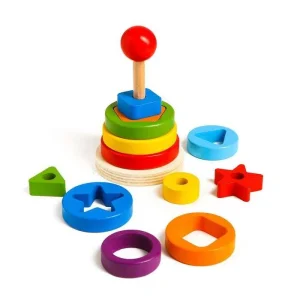 Tour des anneaux à empiler multicolores en bois