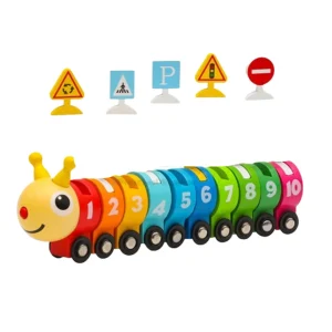 Train à chenilles en bois avec chiffres et panneau de signalisation